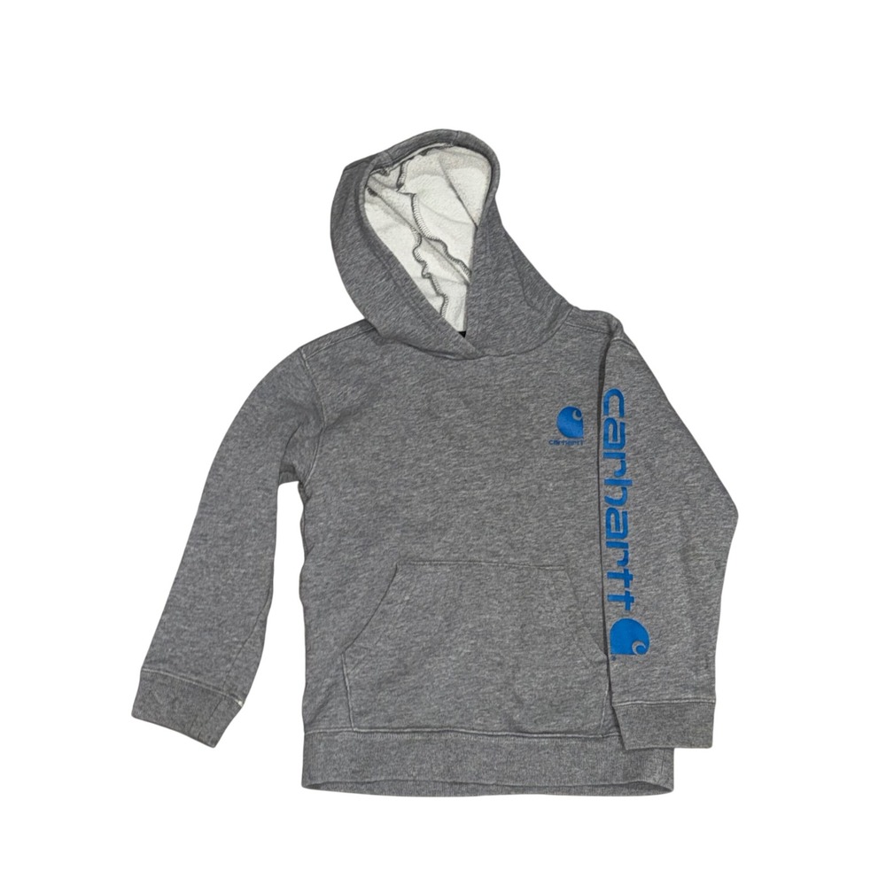 Carhartt Hoodie Boys Size 7 Gray Blue Logo Sleeve‎ Graphic EUC 1 Flaw
